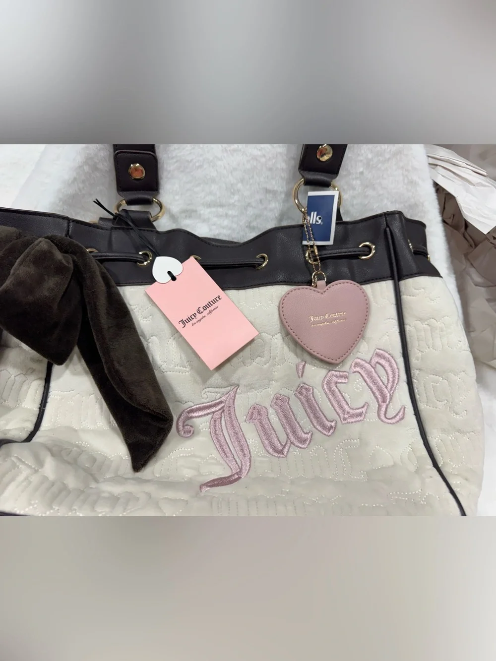 NWT Juicy Couture Cream Quilted Tote with Pink Heart Charm and Brown Trim